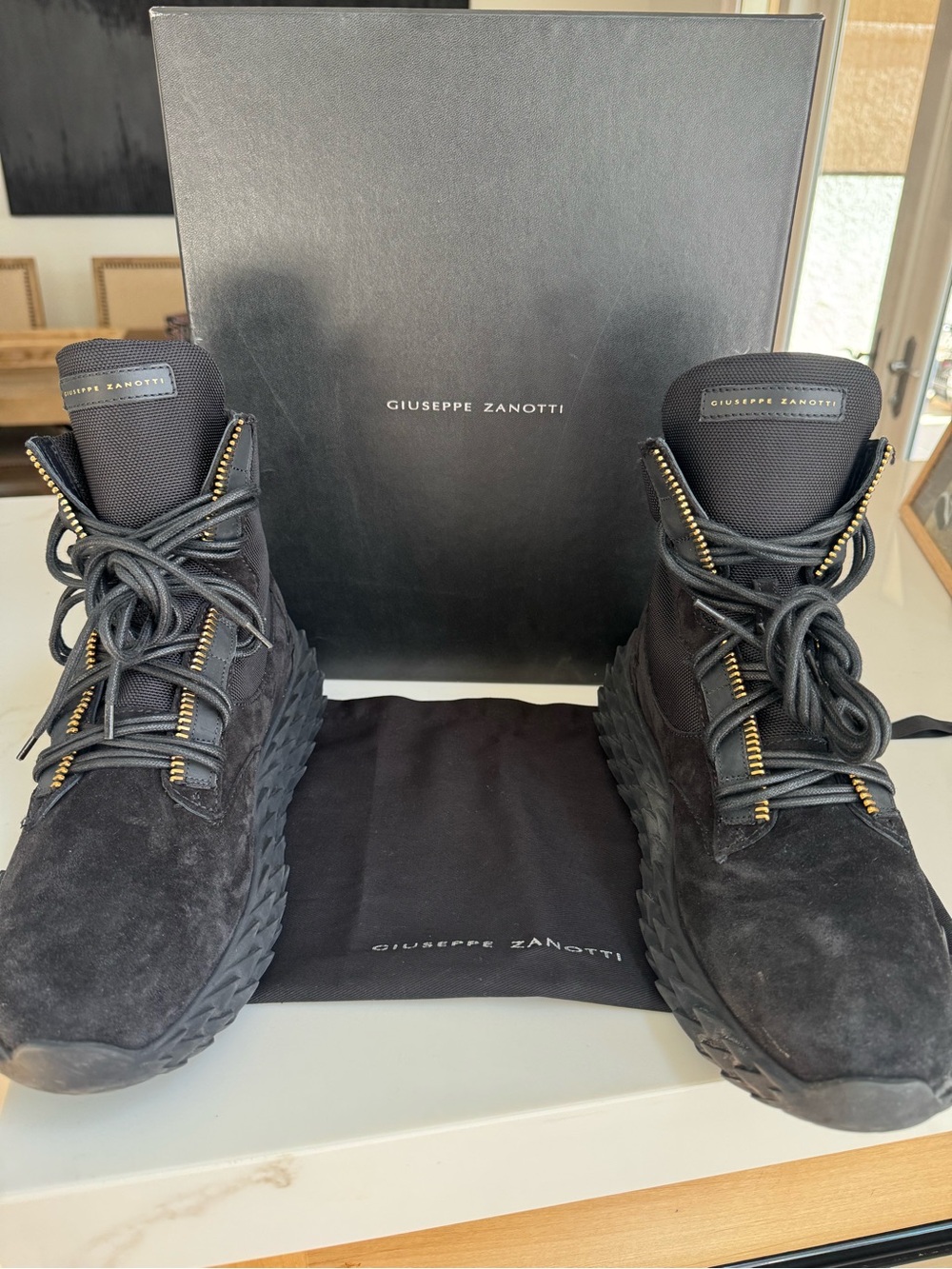 Giuseppe Zanotti Black Suede High-Top Sneakers with Gold Hardware